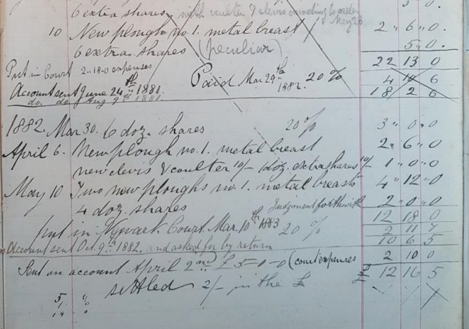 Image: Customer Book extract for George Crossley – 1881 & 1882, showing Bealby’s court expenses.